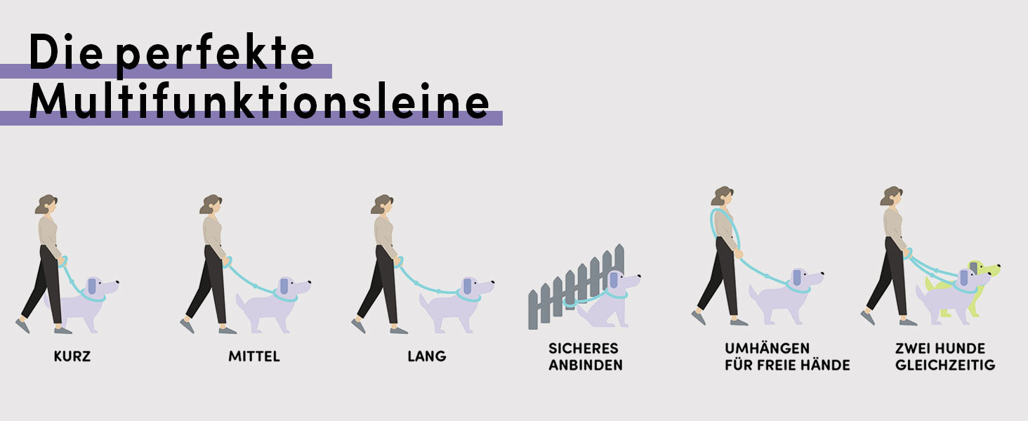 Die perfekte Multifunktionsleine für den Hund zum Umhängen oder kurze Leine.