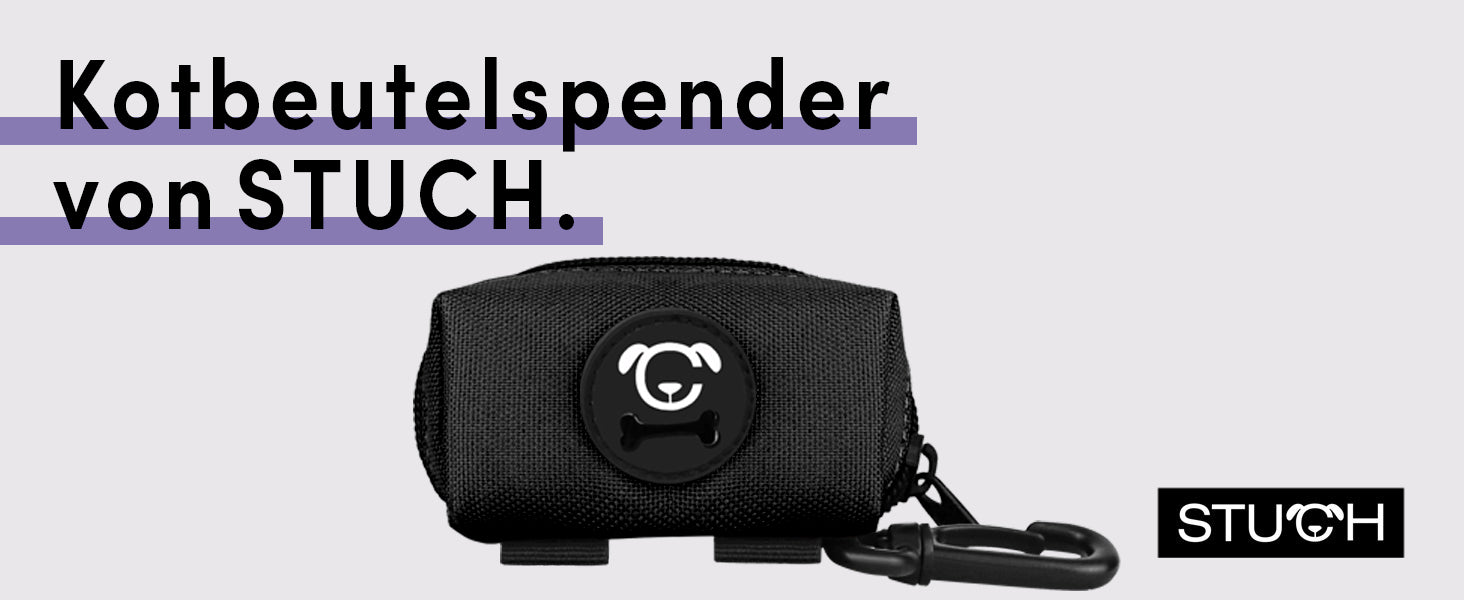 Kotbeutelspender von STUCH Tierliebe in der Farbe Schwarz und mit Karabiner für die Hundeleine.