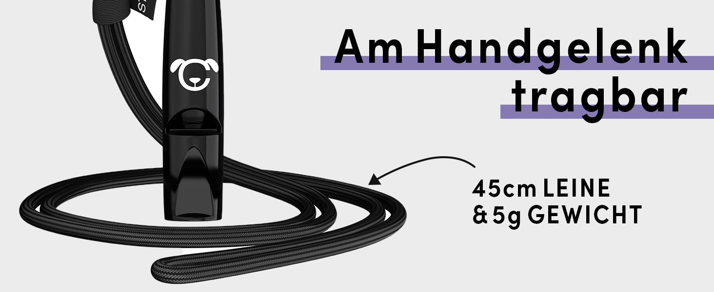 Hundepfeife mit Seilband am Hangelenk tragbar. 45cm Länge und nur 5g Gewicht