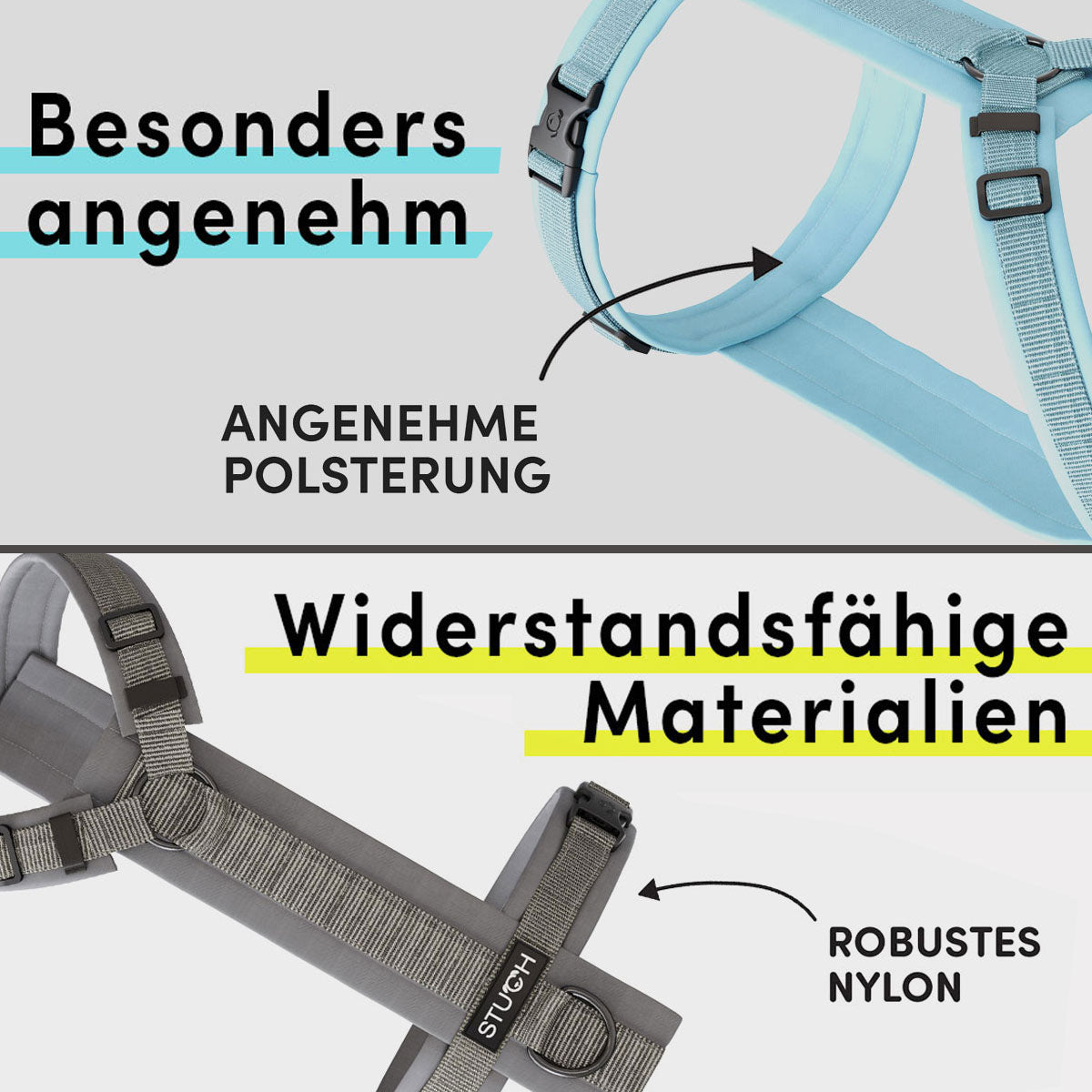 Y Geschirr besonders angenehm gepolstert und hochwertigem Material.