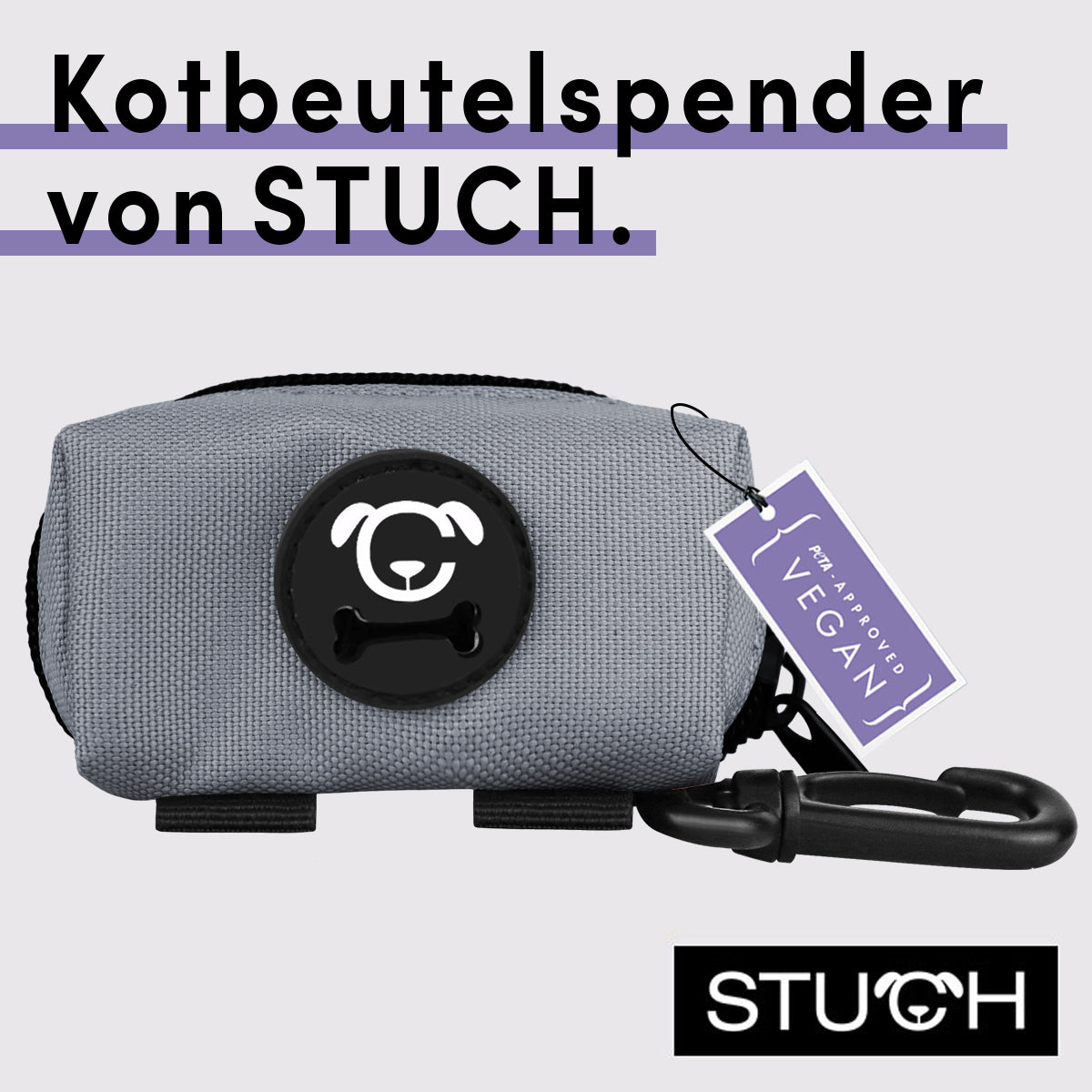 Veganes Gassi gehen mit STUCH und dem Kotbeutelspender aus Polyester.