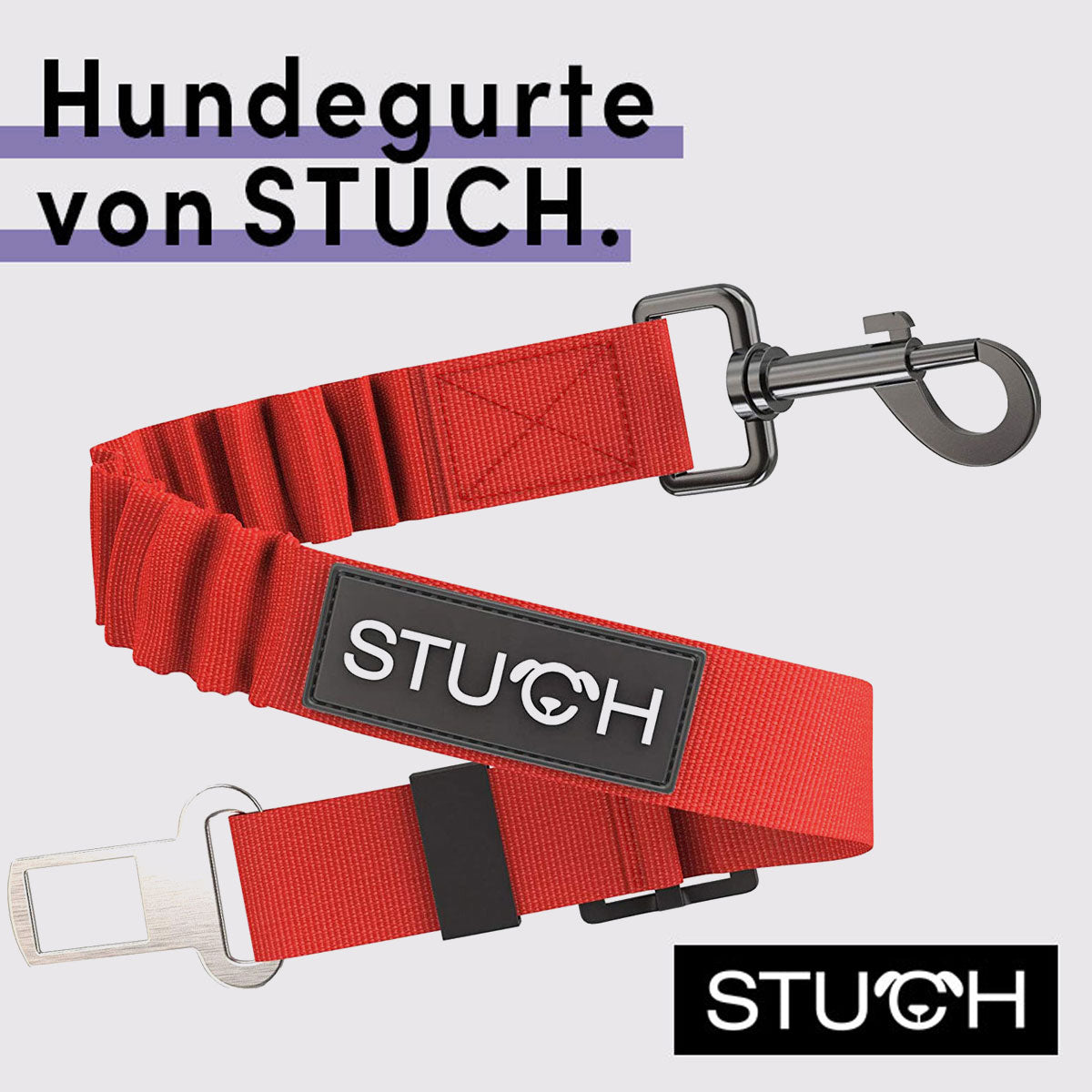 Hundegurt von STUCH in Farbe Rot mit Rückstoßfederung und Karabiner.