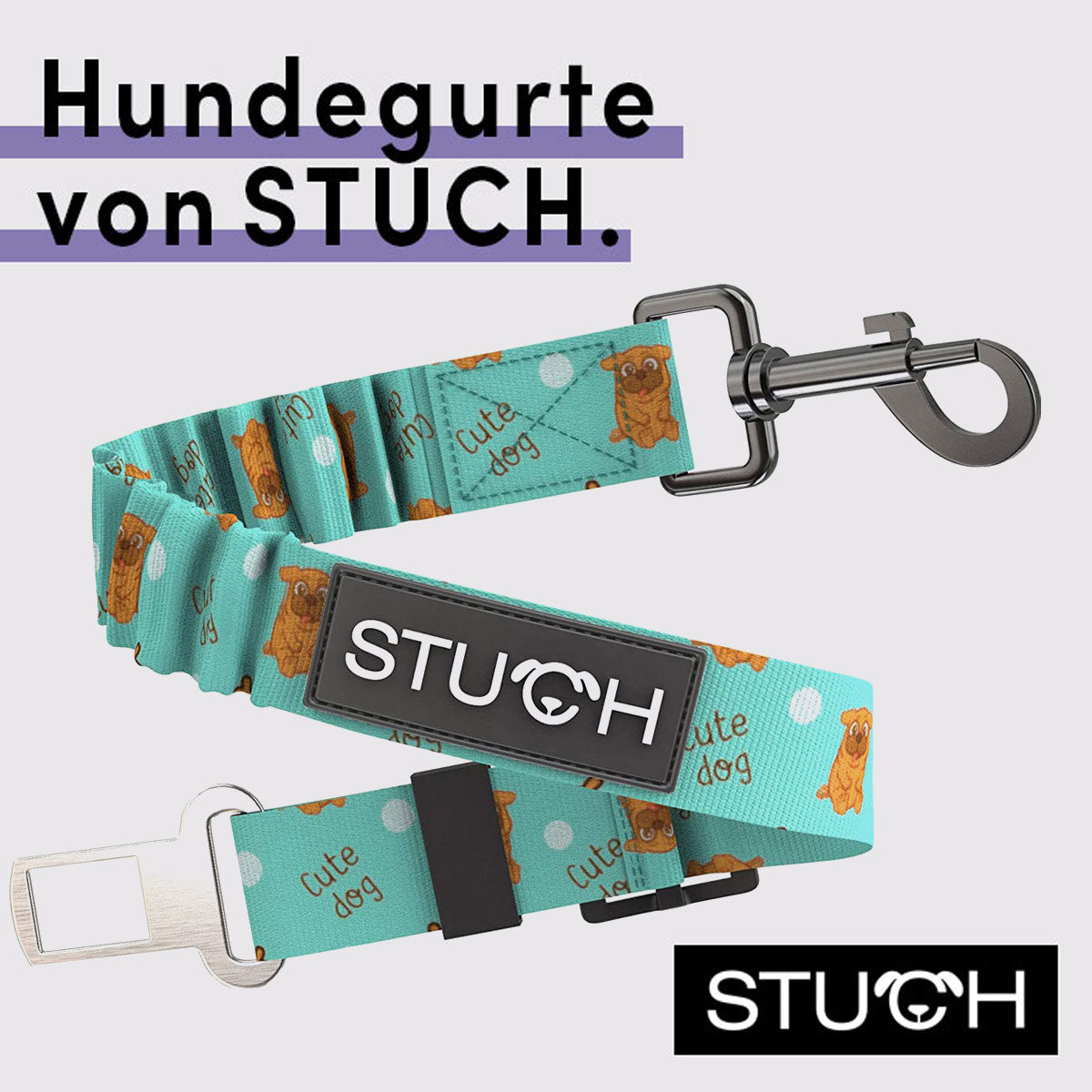 Hundeanschnaller fürs Auto in der Farbe Hellblau mit Muster.