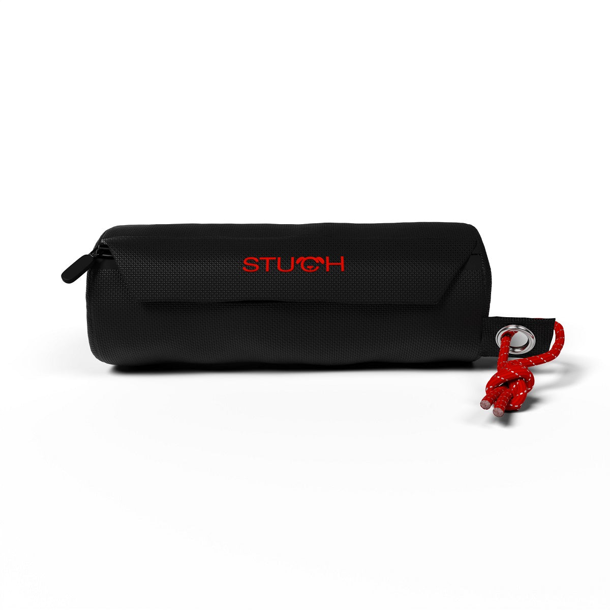 Schwarzer Futterbeutel von STUCH mit rotem Bändchen.