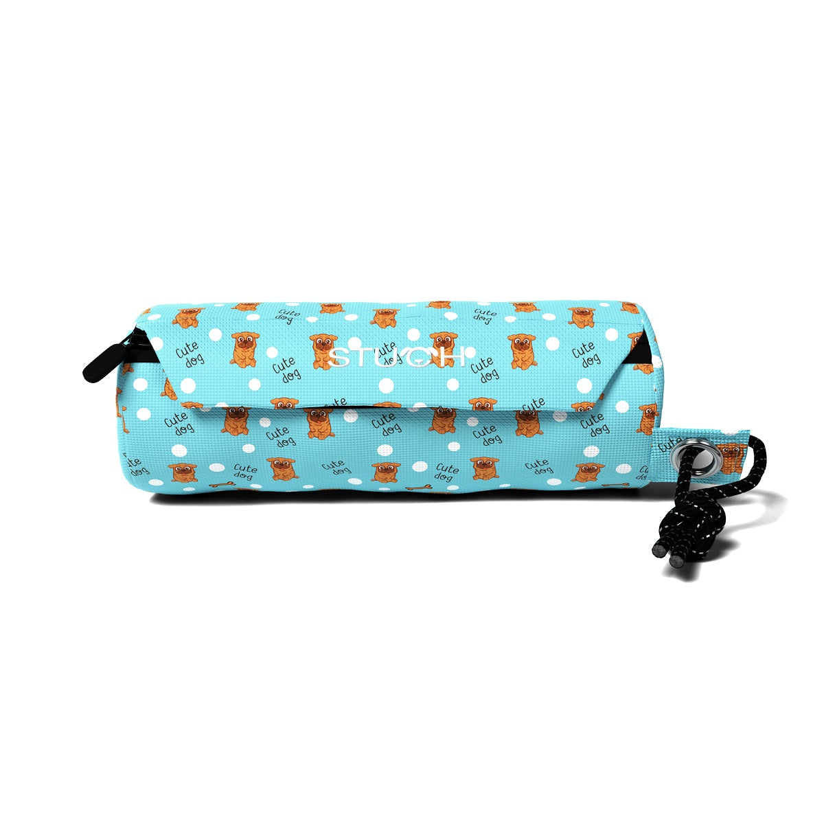 Leckerlibeutel in Türkis Hellblau mit Muster und einem schwarzen Seil.