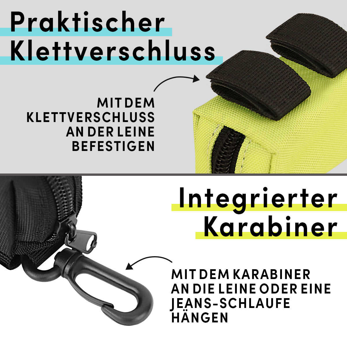 Perfekt für jede Hundeleine. Einfach mit dem Karabiner anbringen. Der Klettverschluss verhindert das rumbaumeln.